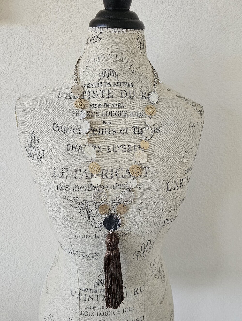 Chico's Mixed Metal Hammered Coin Tassel Statement Necklace